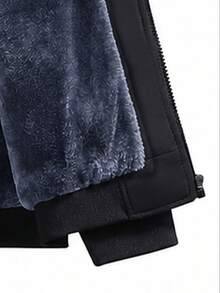 Men's Pure Black Fleece Stand Collar Zipper Flight Jacket, Side Zipper Pockets, Ribbed Cuffs, Long Sleeve Casual Outerwear, Autumn/Winter Street Style - Black - View 5