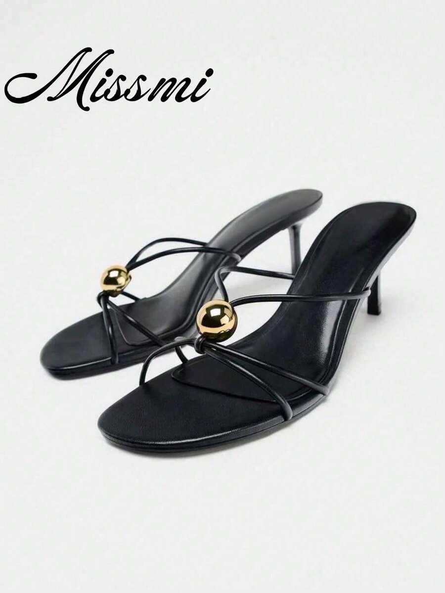 Summer Metal Decor Strap High Heel Sandals, Minimalist Resort Style Thin Heel Mule Shoes,Kitten Heels