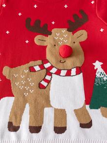 Young Girl Cute Christmas Reindeer Jacquard Knit Crew Neck Sweater Long Sleeve Pullover For Daily Wear, Parties, Spring, Autumn, Winter - Red - View 4