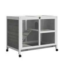 PawHut Indoor Rabbit Hutch With Wheels, Desk And Side Table Sized, Wood Rabbit Cage, Waterproof Small Rabbit Cage, Gray - Grey - View 2