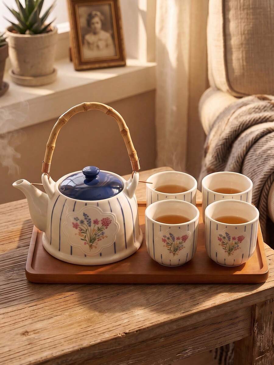 DearDali 1 Set Modern Minimalist Striped Floral Ceramic Teapot Set, Home Tea Cups, Teapot With Tray, Gift Box Packaging, Suitable For Afternoon Tea, Family Gathering, Living Room Decoration, Friend Gift - Multicolor - View 1
