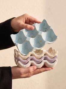 DearDali 1個 14.5cm 6格波浪邊陶瓷蛋架，水墨彩釉INS風蛋收納容器，適用冰箱儲存與廚房裝飾 - 查看 2