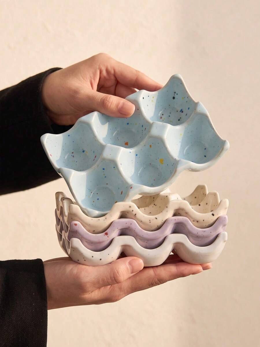 DearDali 1個 14.5cm 6格波浪邊陶瓷蛋架，水墨彩釉INS風蛋收納容器，適用冰箱儲存與廚房裝飾