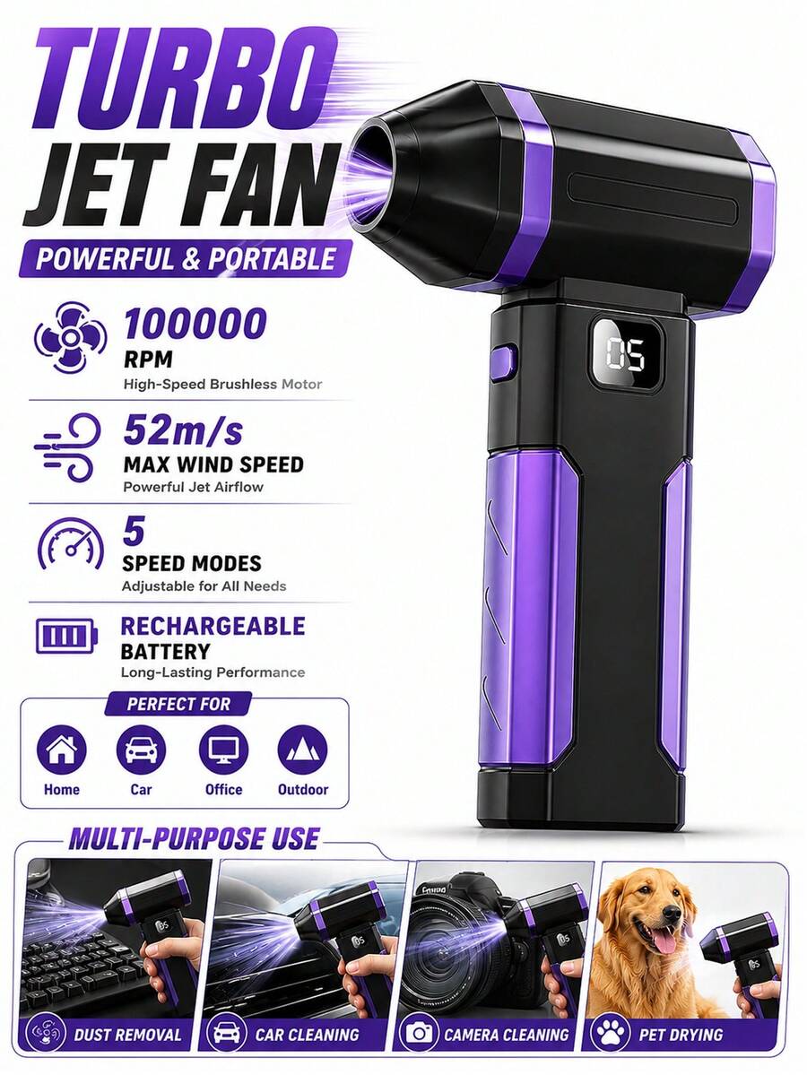108,000RPM High-Power Cordless Air Duster With 2600mAh Rechargeable Battery, 6-Speed Adjustable Personal Cooling Fan For Keyboard, Computer, Car And Home Cleaning