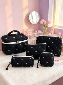 Black Quilted White Bow Embroidery Cosmetic Bag For Women Multi-Size Zipper Makeup Organizer Pouches With Handheld Case Travel Toiletry Storage Bags - Black - View 17