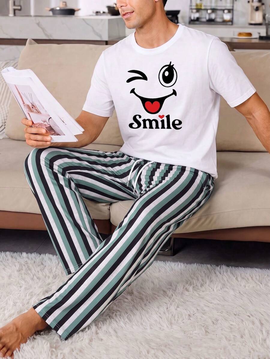 Men's Summer Crew Neck Casual T-Shirt And Casual Long Pants Loungewear Set - White - View 1