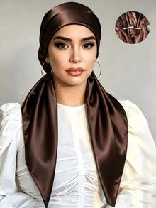 1pc Elegant Women's No-Tie Elastic Satin Headscarf, Solid Color Printed, Versatile Hair Accessory For Beach And Daily Wear - Coffee Brown - View 2