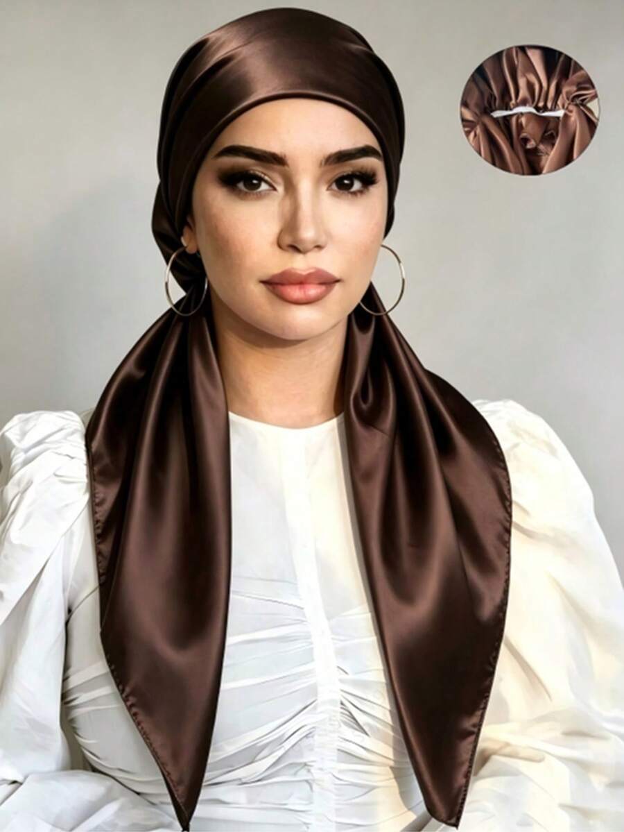 1pc Elegant Women's No-Tie Elastic Satin Headscarf, Solid Color Printed, Versatile Hair Accessory For Beach And Daily Wear