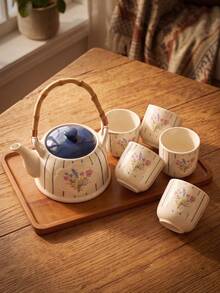 DearDali 1 Set Modern Minimalist Striped Floral Ceramic Teapot Set, Home Tea Cups, Teapot With Tray, Gift Box Packaging, Suitable For Afternoon Tea, Family Gathering, Living Room Decoration, Friend Gift - Multicolor - View 2