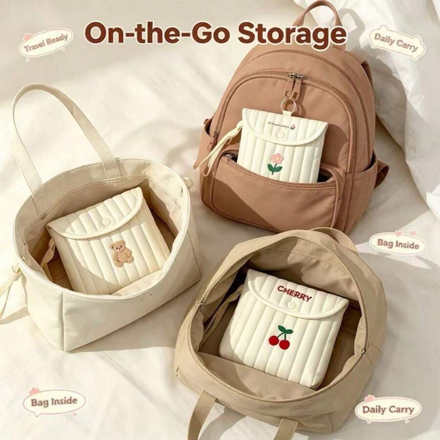 1pc Cute Cartoon Embroidered Sanitary Pad Storage Bag, Large Capacity Portable Women's Period Pouch, Travel Gift For Girls - Multicolor - View 1