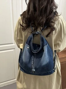 韓系時尚女款 2026 牛仔布丹寧新大容量復古休閒通勤時尚單肩托特斜跨包輕量包 - 藍色 - 查看 4