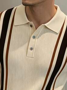 GRDR 男士領口條紋休閒極簡時尚針織短袖T恤上衣 - 舒適日常穿著，適合旅行與外出 - 香檳色 - 查看 5