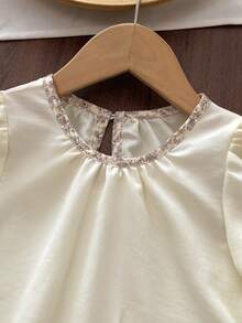 Girls Casual Fashion 2-Piece Set, Lace Trim Long Sleeve Top And Wide Leg Pants, Autumn - Apricot - View 3