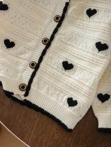 1pc Korean Style Girls Heart Print Hollow Knit Cardigan, Contrast Trim Round Neck Single-Breasted Long Sleeve Top, Breathable Versatile Knit Top For Toddlers In Spring And Autumn - Beige - View 7