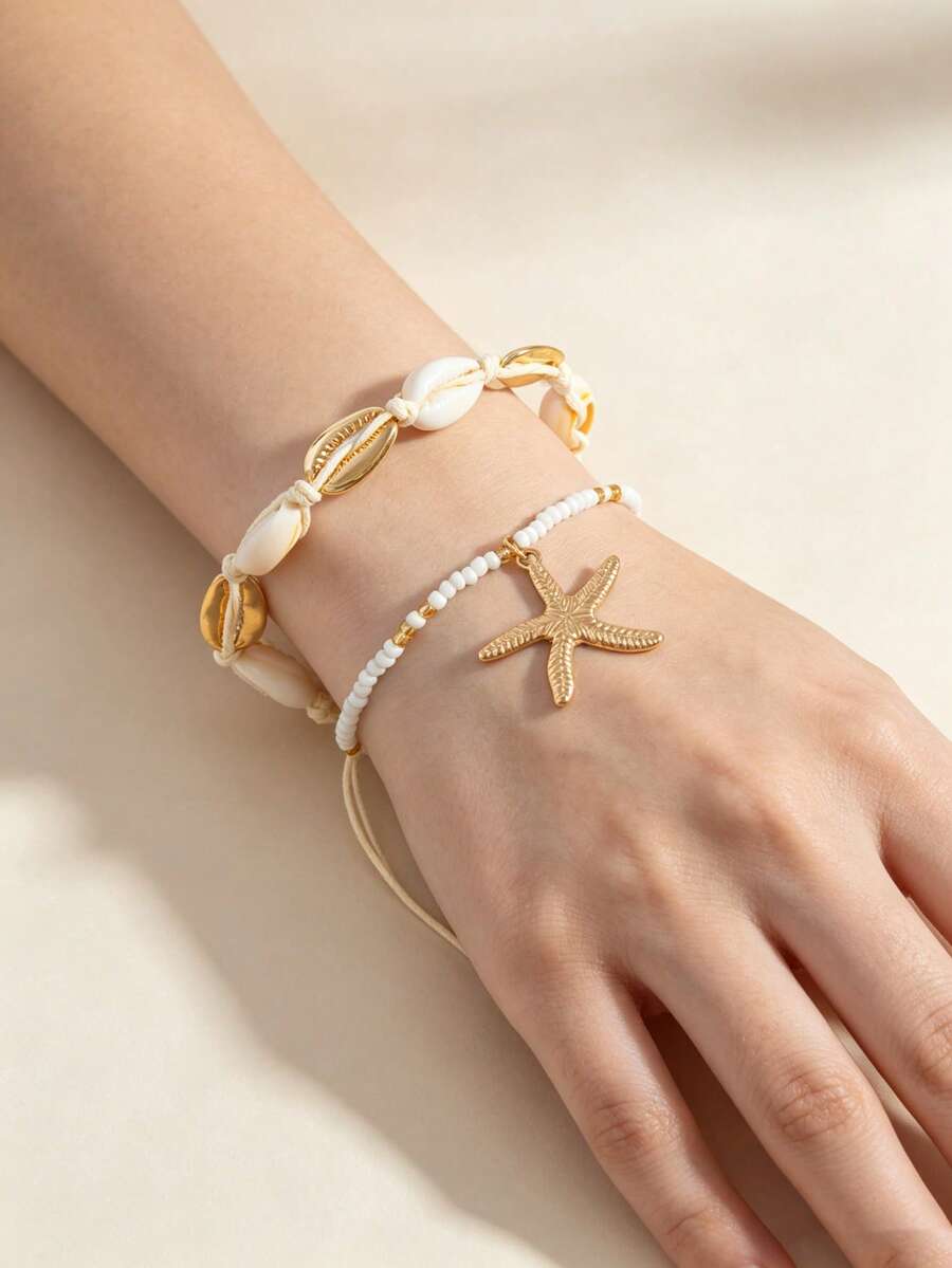 2 piezas/Set Serie de Conchas de Playa de Vacaciones, Conjunto de Estilo Bohemio con Cuentas de Arroz y Conchas - Dorado - Ver 1
