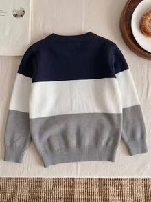 Sweater Pullover Bergaris Warna Blok Gaya Preppy untuk Anak Laki-laki, Cocok untuk Sekolah, Musim Gugur dan Musim Dingin - Navy Blue - View 5