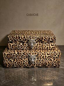 1 Set Of 2 Small & Large PU Leather Jewelry Boxes, Rhinestone Leopard Head Clasp Leopard Print Lidded Accessory Organizer, Velvet Lined Storage Box For Bedroom Vanity Home Decor Gift - Black and Pink - View 14