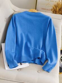 Solid Color Versatile Minimalist Elegant Knit Cardigan - Blue - View 3