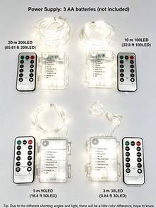 2件/1件裝 仙女串燈 電池供電 8種模式 30/50/100/200顆LED燈珠 銀色線材 IPX6防水 戶外迷你閃爍串燈 適用情人節、復活節、露營、生日、圍欄、花園派對、婚禮、聖誕節、母親節裝飾 純白色 - 白色 - 查看 11