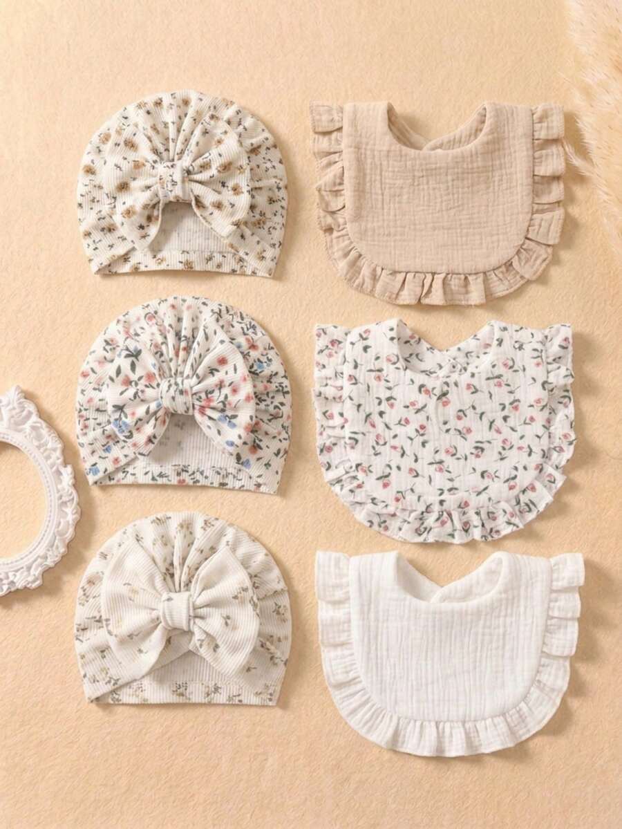 6pcs Summer Candy Color Bowknot Decorated Baby Headband Hat + Soft Skin-Friendly Baby Bib Drool Cloth Set, Suitable For Daily Use In All Seasons - Multicolor - View 1