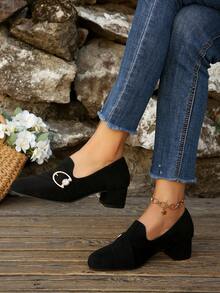 Commuter Style Black Chunky Heel Women's Slip-On Shoes, Fashion Rhinestone Decor Round Toe Daily Women's Shoes - Black (T02) - View 4