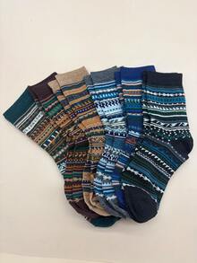 6 Pairs Men's Mid-Calf Socks, Retro Long Socks, American Patterned Socks For Boots, Autumn/Winter - Multicolor - View 5