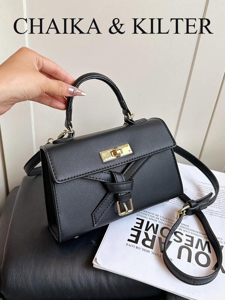 New Summer Lychee Texture Women's Handbag, Fashionable Shoulder Strap Decor Adjustable Crossbody Bag, Minimalist Solid Color High-End Hardware Decor Shoulder Commuter Bag - Black - View 4