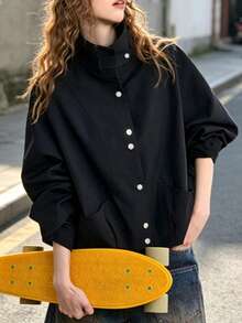 European And American Popular Fashion Casual Personalized Commute Loose Versatile Solid Color Pocket Front Button Stand Collar Batwing Sleeve Short Jacket Coat Suitable For Daily, College, Home Wear In Spring And Autumn - Black - View 5