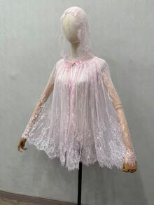 1pc White Lace Bridal Wedding Dress Hooded Cape Shawl Party Short Cloak - Multicolor - View 17