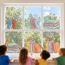 6pcs Colorful Book & Flower Window Stickers, Artistic Fresh Classroom Study Room Glass Self-Adhesive Decorative Decals - Multicolor - View 7