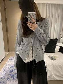 Polka Dot Vest, Spring Long Sleeve Casual Women's Cardigan - Grey - View 1