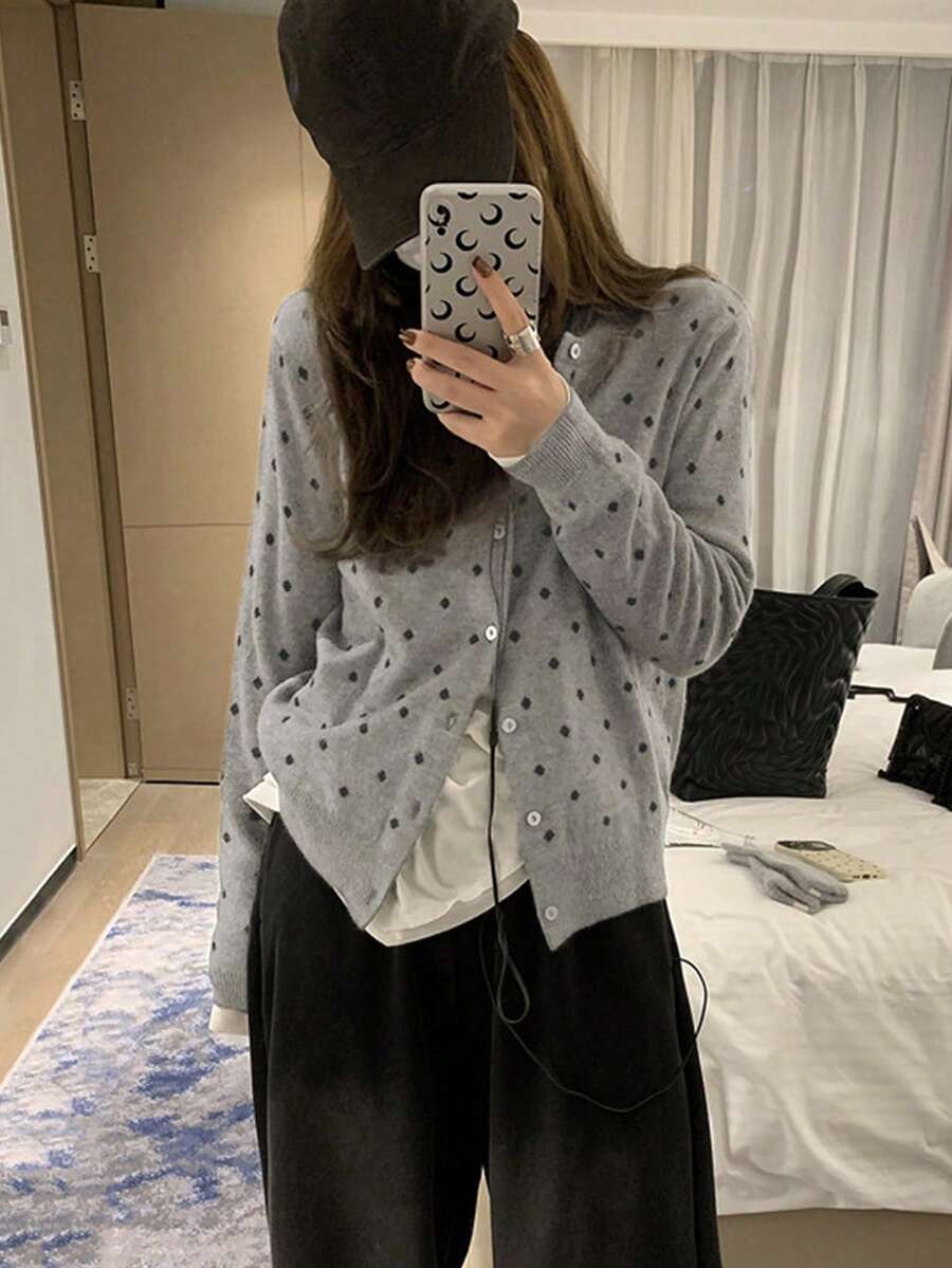 Polka Dot Vest, Spring Long Sleeve Casual Women's Cardigan - Grey - View 1