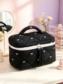 Black Quilted White Bow Embroidery Cosmetic Bag For Women Multi-Size Zipper Makeup Organizer Pouches With Handheld Case Travel Toiletry Storage Bags - Black - View 3