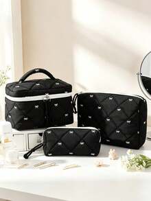 Black Quilted White Bow Embroidery Cosmetic Bag For Women Multi-Size Zipper Makeup Organizer Pouches With Handheld Case Travel Toiletry Storage Bags - Black - View 15