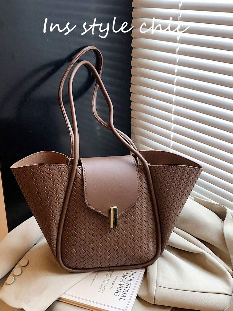 Brown Plaid Woven Handheld & Shoulder Trapezoid Tote Bag With Metal Lock Flap, Minimalist Luxury Commuter Large Bag, Versatile Elegant Daily Work & Travel Tote, Ins Hot Style - Coffee - View 4