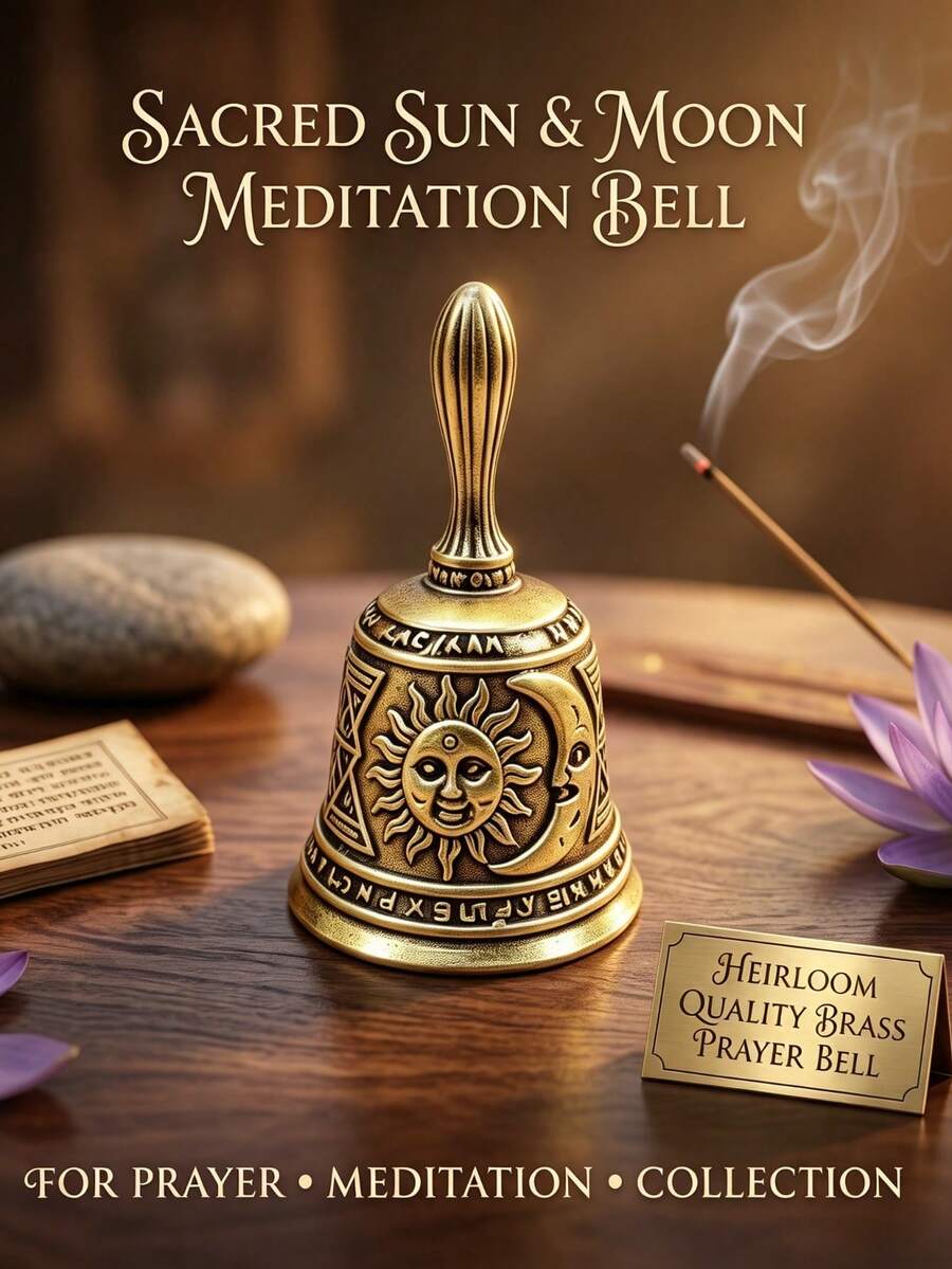 Vintage Brass Hand Bell With Sun And Moon Relief, Antique Metal Service Call Bell, Suitable For Restaurant, Study And Home Decor, Mysterious Celestial Carved Hand Bell, Ideal For Ritual, Meditation, Photography Prop And Collectible Gift
