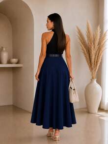 Saia Feminina Alfaiataria Rodada Moda Evangélica Elegante Rodada Com Bolso E Cinto - Azul Marinho - Visão 3