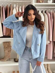 Women's Button Decor Casual Slim Fit Short Stand Collar Zip Up Jacket, Suede Fleece Short Coat Winter Style - Baby Blue - View 6