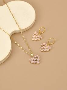 1pc Fashion Pink Cubic Zirconia Heart Stainless Steel Women's Necklace, 1 Pair Fashion Pink Cubic Zirconia Heart Stainless Steel Women's Earrings, Gold Necklace, Gold Earrings, Stainless Steel Jewelry, Gold Jewelry, Summer, Beach, Vacation Jewelry, Charm, Pride, Western Jewelry, Gift For Women, Gift, Birthday Gift - Pink - View 3