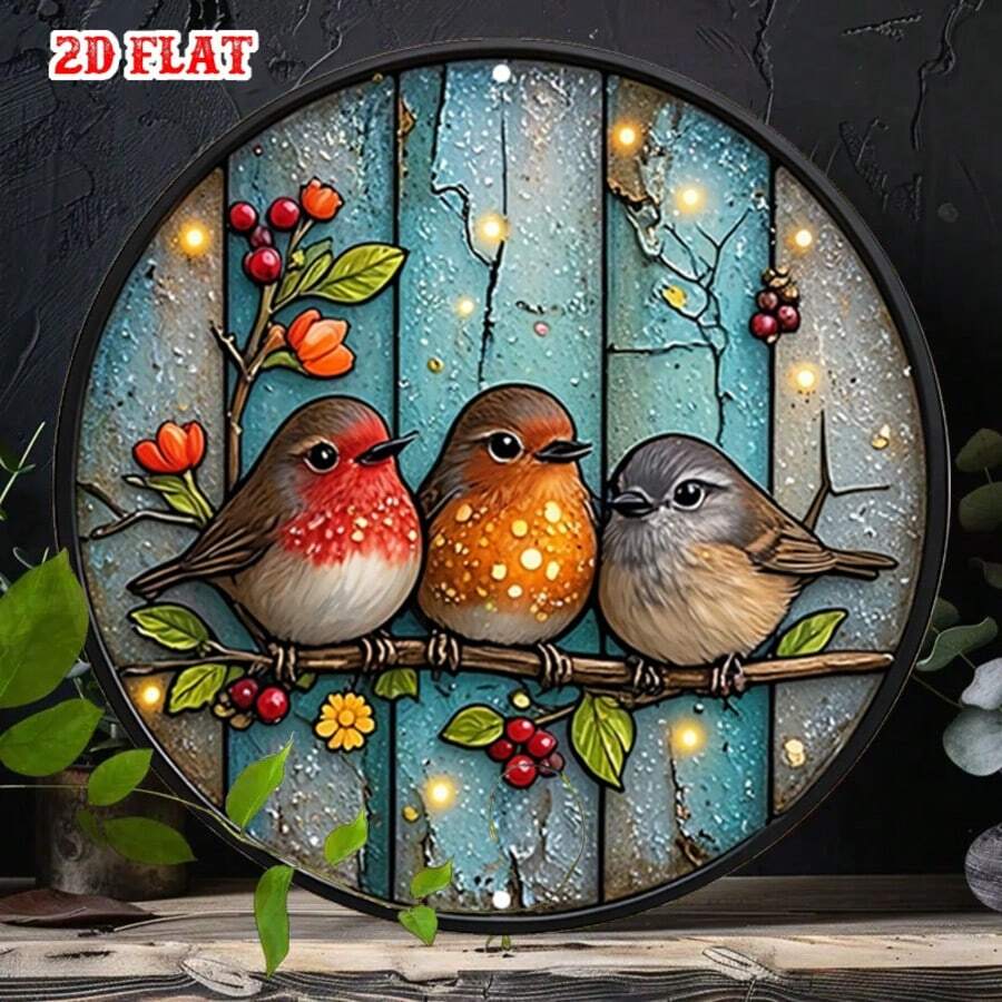 2D Flat Single Piece Natural Scene Round Sign, Colorful Birds Round Wall Decor Birds On Branches Country Metal Wall Art, Wall Decor Sign, Suitable For Home, Garage, Restaurant, Cafe, Round Sign (Random Hole Position) - A - View 1
