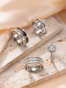 4pcs Luxury Geometric Roman Numeral Rhinestone Stainless Steel Ring Set, Suitable For Women's Daily Wear Jewelry - Ring Set - View 7