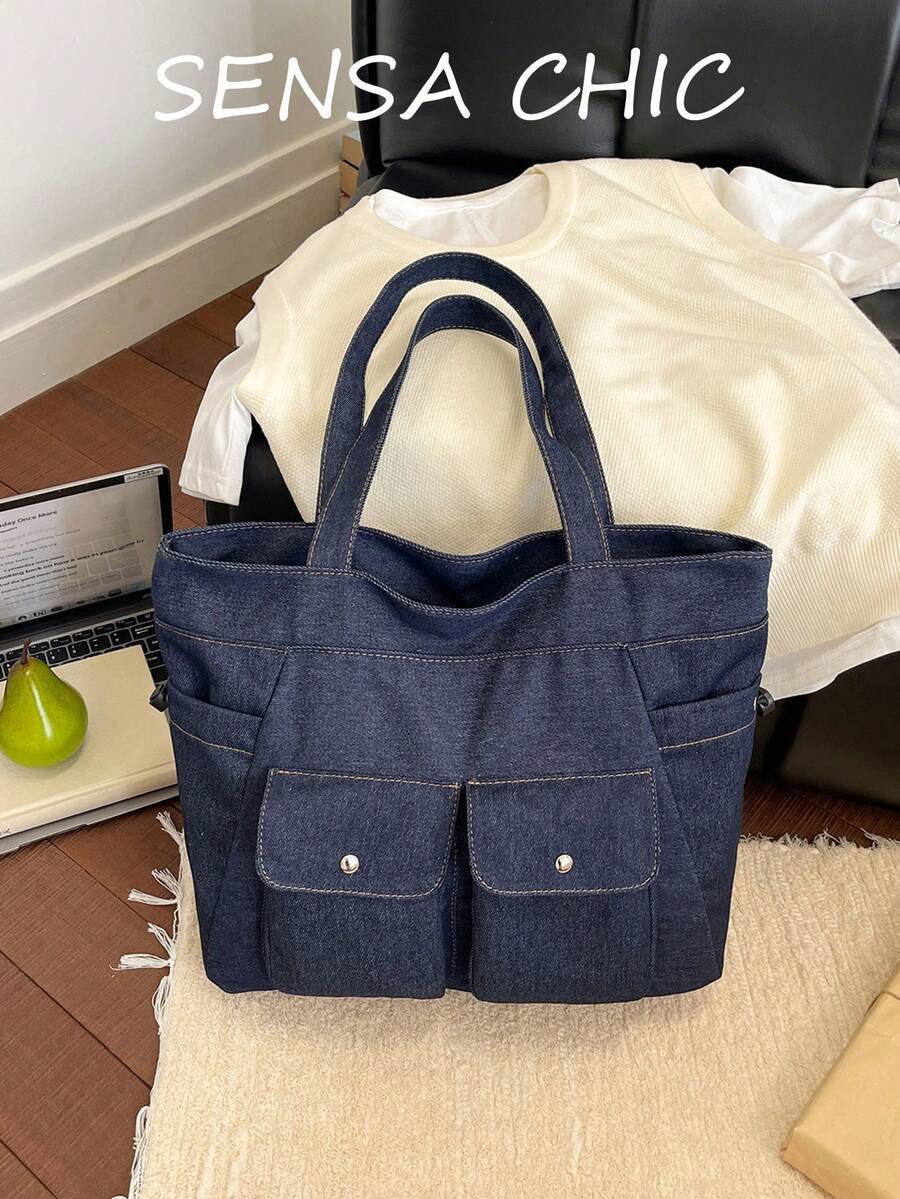 Bolso Tote de Denim Azul Profundo Lavado unicolor, Uso Dual de Mano & Hombro, Múltiples Bolsillos con Broches, Estilo Casual Coreano Bolso Grande para Viajes Diarios, Estudiante & Trabajador de Oficina, Escuela, Viajes, Duradero, Versátil, Bolso de Hombro Ins talla grande Vendido - Azul lavado oscuro - Ver 1