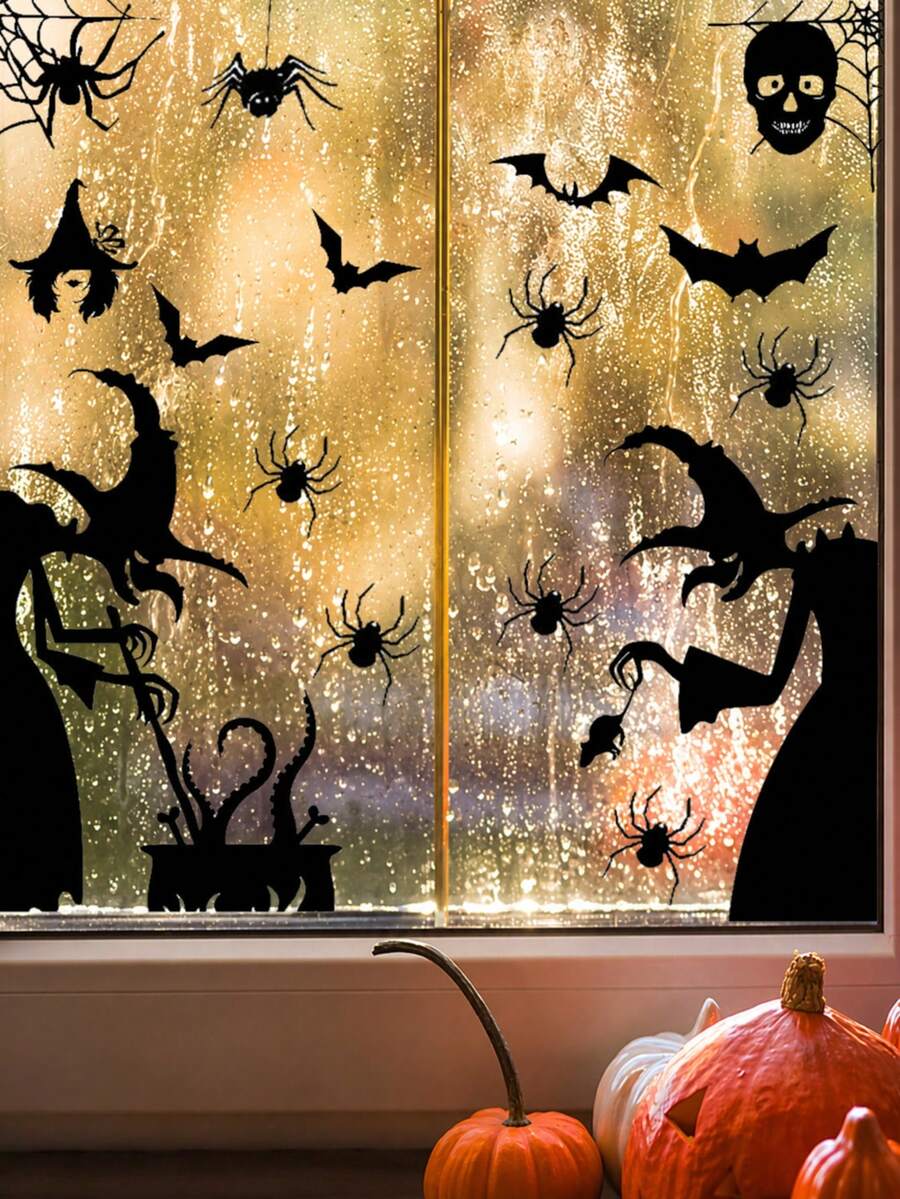 2/4pcs Halloween Witch Self-Adhesive Stickers, Giant Witch And Monster Silhouette Window Decals, Suitable For Refrigerator, Window And Mirror Halloween Party Decoration - Black - View 1