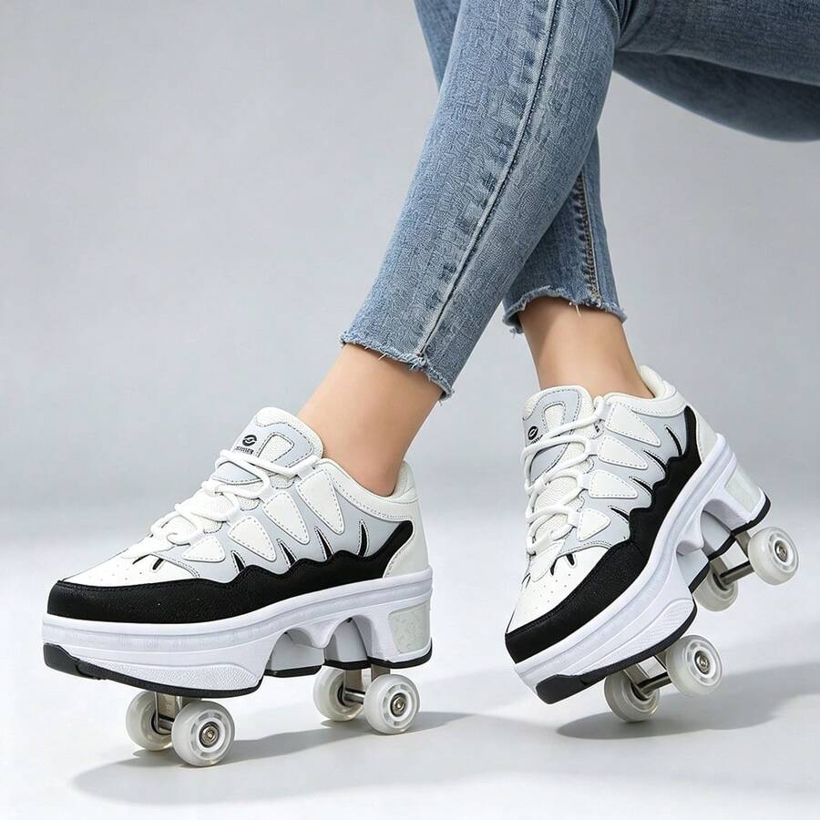 PHTEER Transforming 4-Wheel Roller Shoes, Unisex Dual-Wheel Roller Skates For Students, Adult Retractable Roller Sports Shoes, Youth One-Click Button Retractable Roller Skates, All-Season Inline Skates - Black - View 1