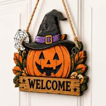 Letrero de puerta de fantasma de Halloween 2D plano, decoración colgante de madera con cuerda, colgador de puerta de Halloween rústico, adecuado para puerta principal, porche, entrada, pared y decoración de fiesta - A - Ver 1