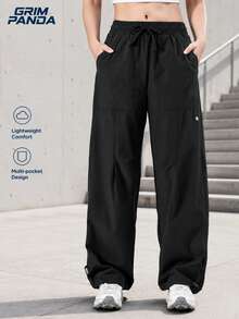 GRIM PANDA Women's Quick-Dry Hiking Pants, Ice Silk Wide Leg Pants, Adjustable Ankle And Drawstring Waist, Elastic Cargo Pants, Suitable For Camping - Black - View 1