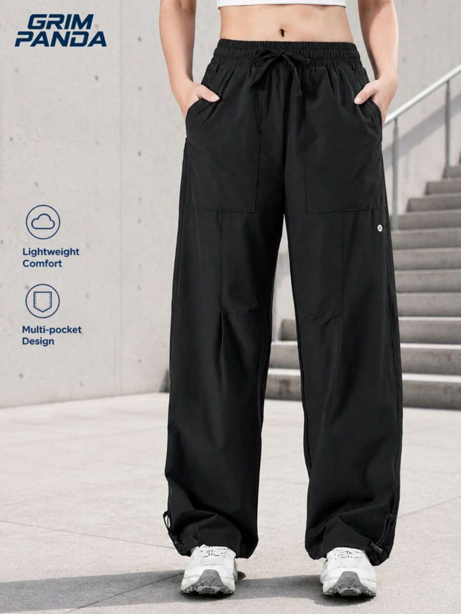 GRIM PANDA Women's Quick-Dry Hiking Pants, Ice Silk Wide Leg Pants, Adjustable Ankle And Drawstring Waist, Elastic Cargo Pants, Suitable For Camping - Black - View 1