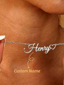 1pc Personalized Name Necklace, Silver-Tone Stainless Steel Hollow Heart Pendant Necklace, Simple Custom Jewelry For Women And Men, Couple Gift, Vacation Accessory - Silver - View 1