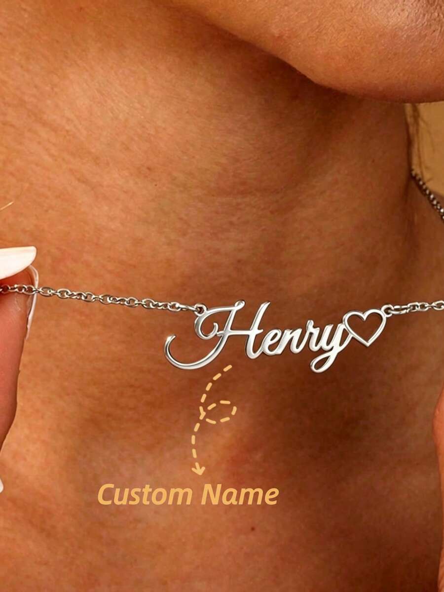 1pc Personalized Name Necklace, Silver-Tone Stainless Steel Hollow Heart Pendant Necklace, Simple Custom Jewelry For Women And Men, Couple Gift, Vacation Accessory - Silver - View 1