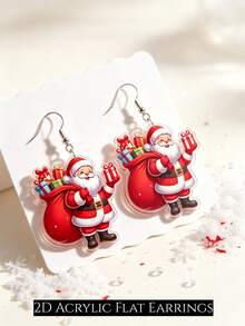2D Santa Claus Gift Pendant Earrings, Flat Acrylic Double-Sided Print, Christmas Cartoon Lightweight Ear Accessories, Perfect Halloween, Thanksgiving, Christmas Gift For Girls And Women, Cute Fashion Accessory Suitable For Any Occasion - Santa Claus - View 6